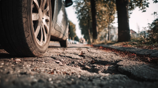 Big pothole close to car wheel